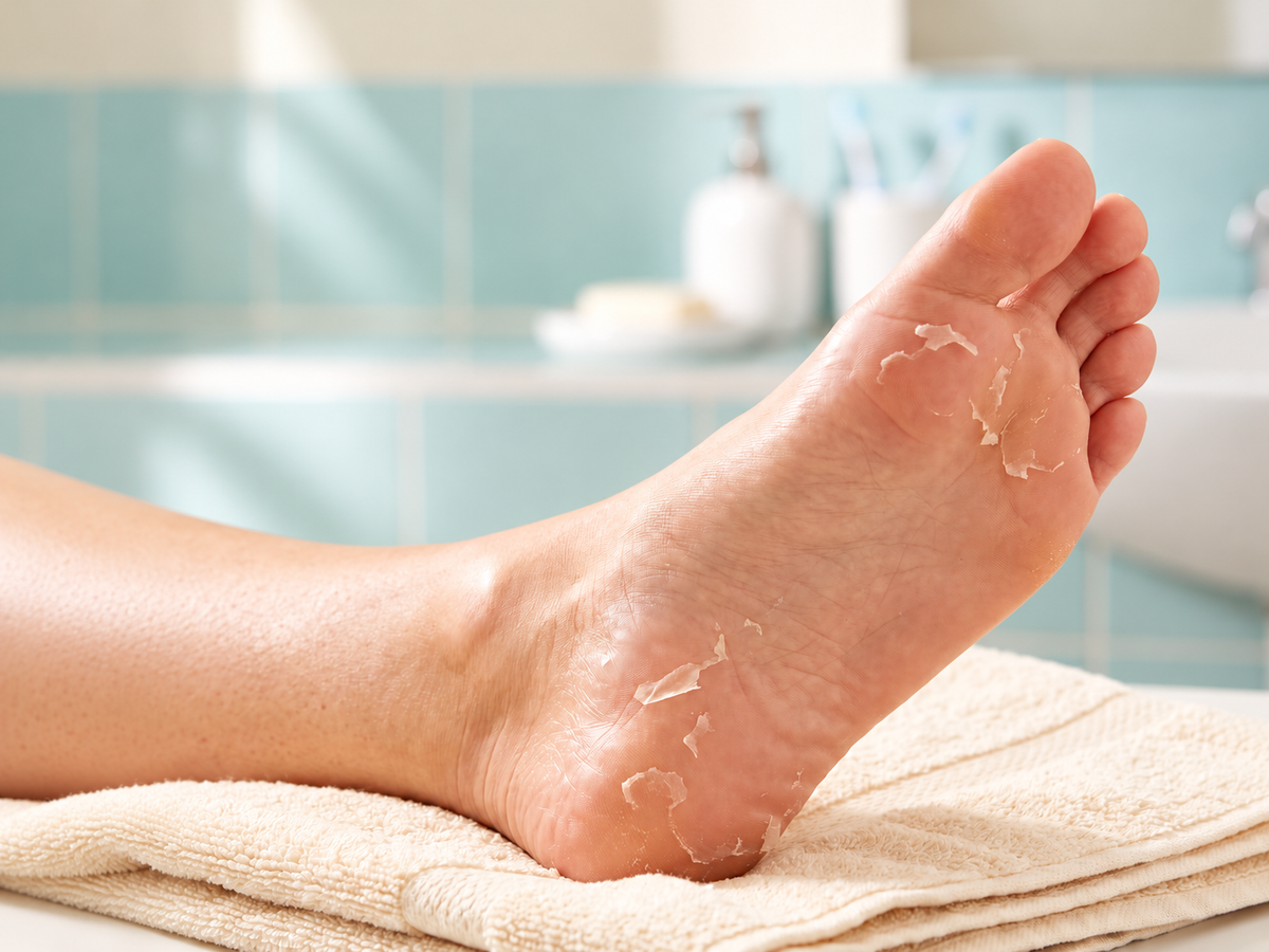 Fuß während des Peelingprozesses nach der Wonder Foot Fußmaske